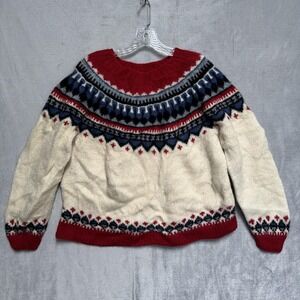 Eddie Bauer Sweater Womens XL White Fair Isle Crew Neck 100% Wool Pullover